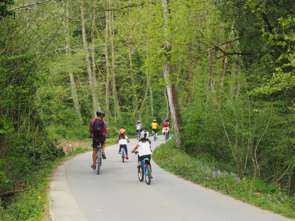 niños andando en bici por la vía verde del Bidasoa